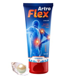 Tubo do ArtroFlex Cream com design azul e vermelho e ilustração anatômica neutra