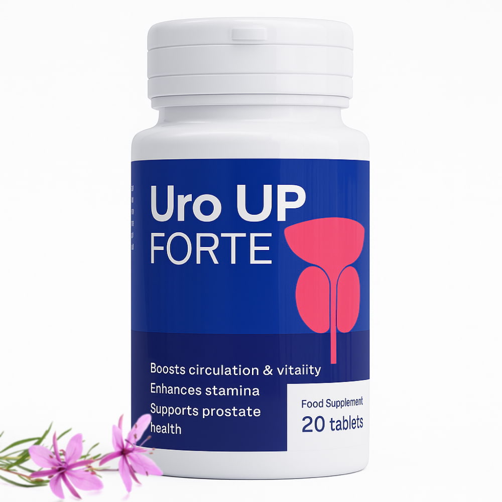 Frasco do suplemento alimentar Uro UP Forte com extratos vegetais em fundo branco