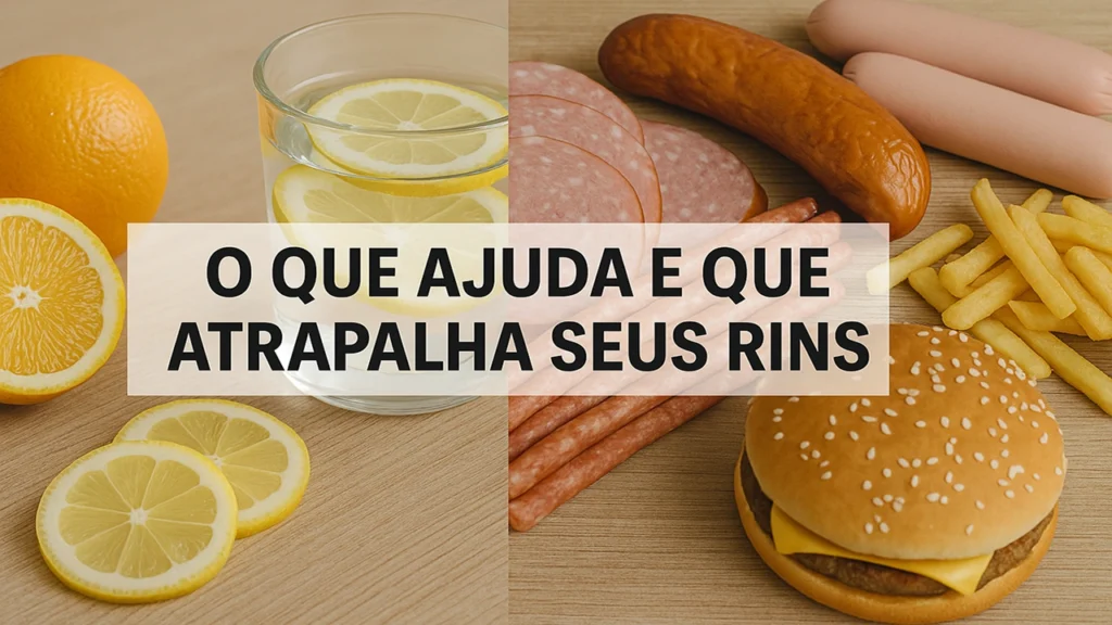 Composição de alimentos com limão e copo de água ao lado de hambúrguer, embutidos e batata frita. Texto: “O que ajuda e o que atrapalha seus rins."