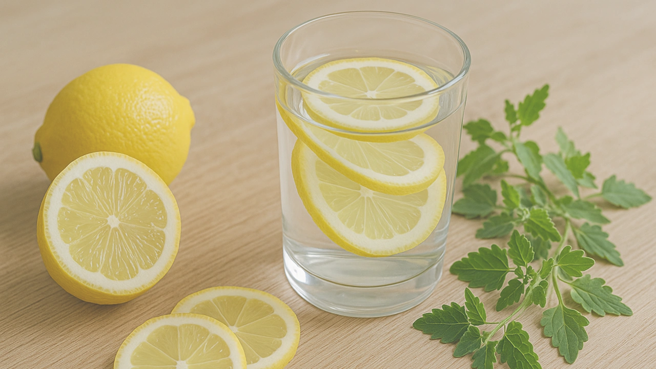 Ingredientes naturais para prevenir Pedra nos Rins: limão, água, folhas de quebra-pedra