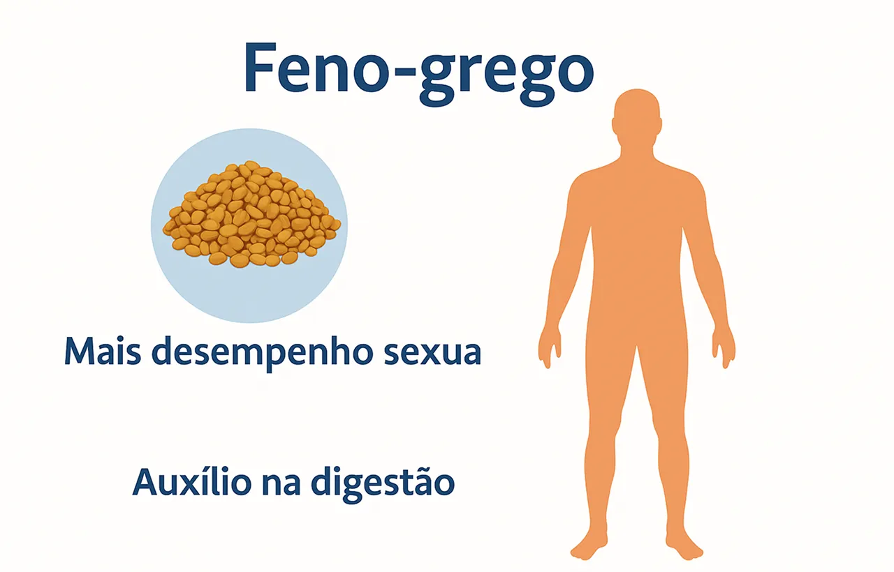 Ilustração mostrando os benefícios do feno-grego no corpo humano