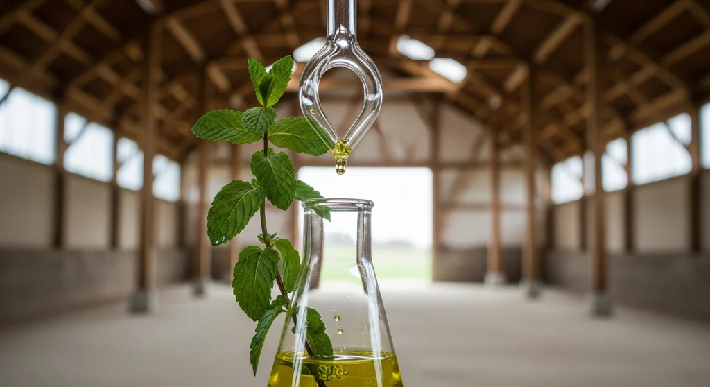 mentol puro sendo extraído da hortelã em ambiente rústico de fazenda
