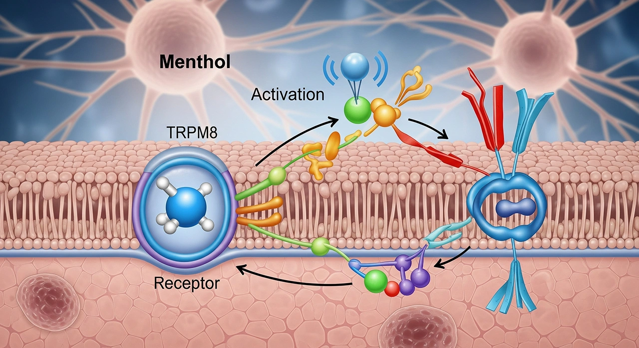 Representação do mentol ativando o receptor TRPM8 na membrana celular
