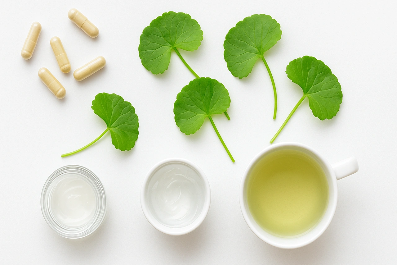 Vista superior de cápsulas, folhas de Centella, xícara de chá e creme sobre fundo branco minimalista