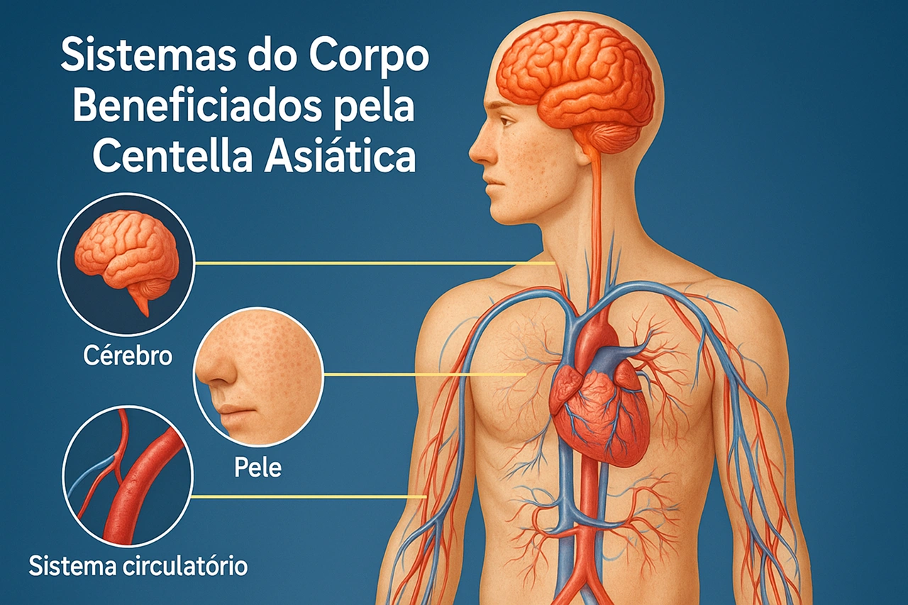 Ilustração científica mostrando os sistemas do corpo humano beneficiados pela Centella Asiática, como cérebro, pele e sistema circulatório