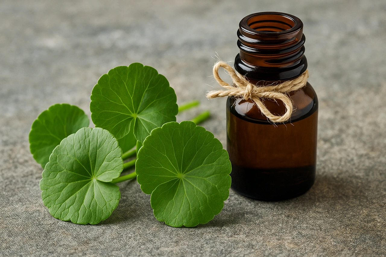 Frasco âmbar de extrato natural ao lado de folhas frescas de Centella Asiática sobre pedra cinza