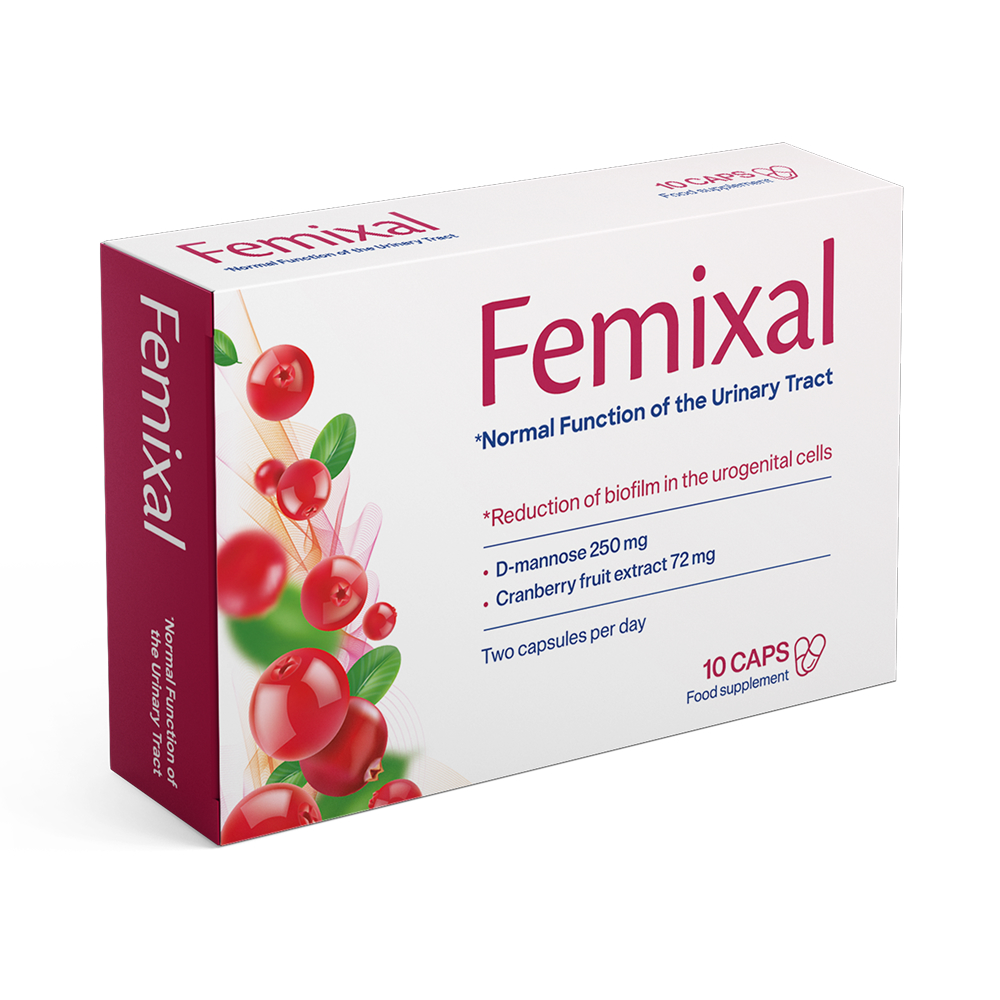 Embalagem do suplemento Femixal com D-mannose, cranberry e extrato de dente-de-leão
