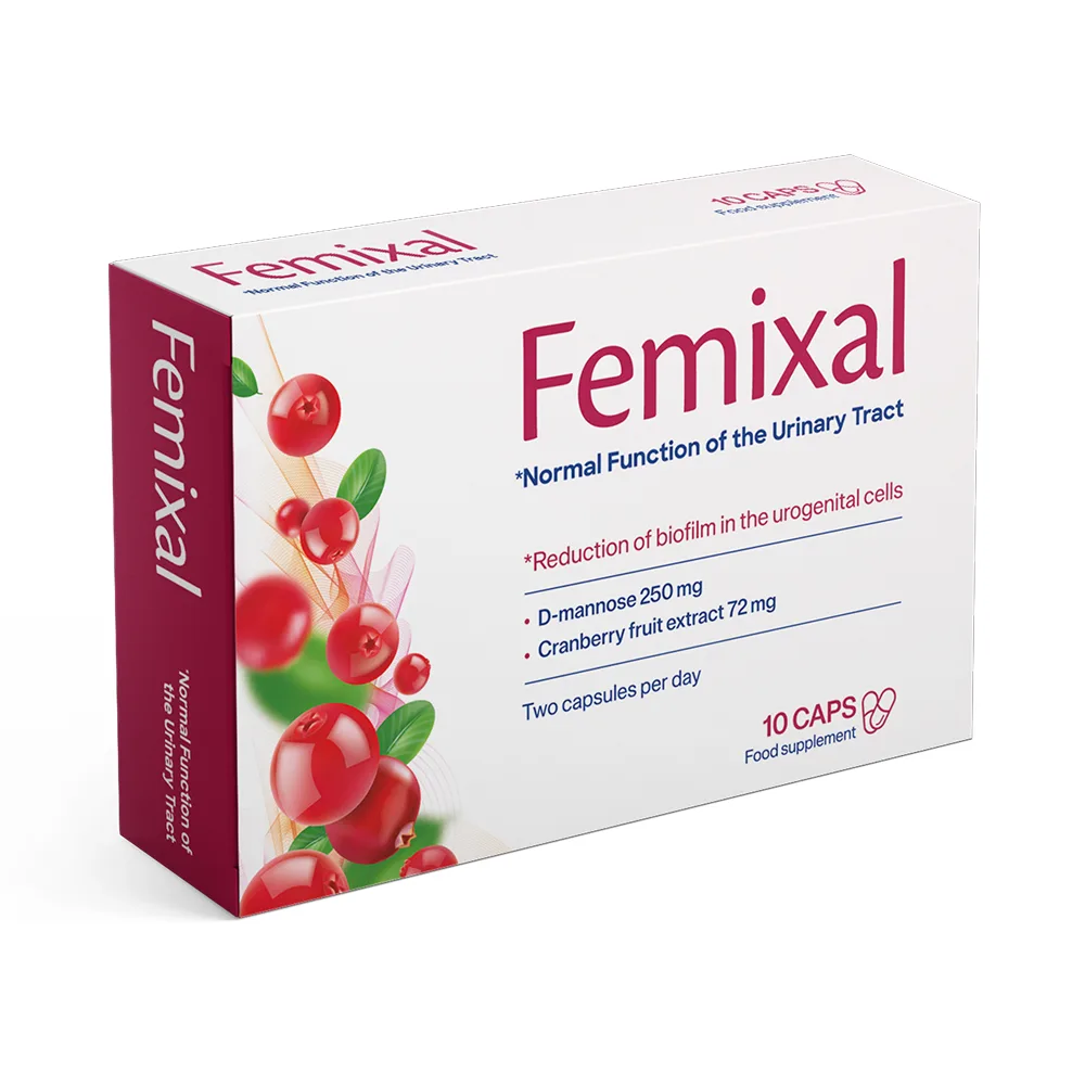 Embalagem do suplemento Femixal com D-mannose, cranberry e extrato de dente-de-leão