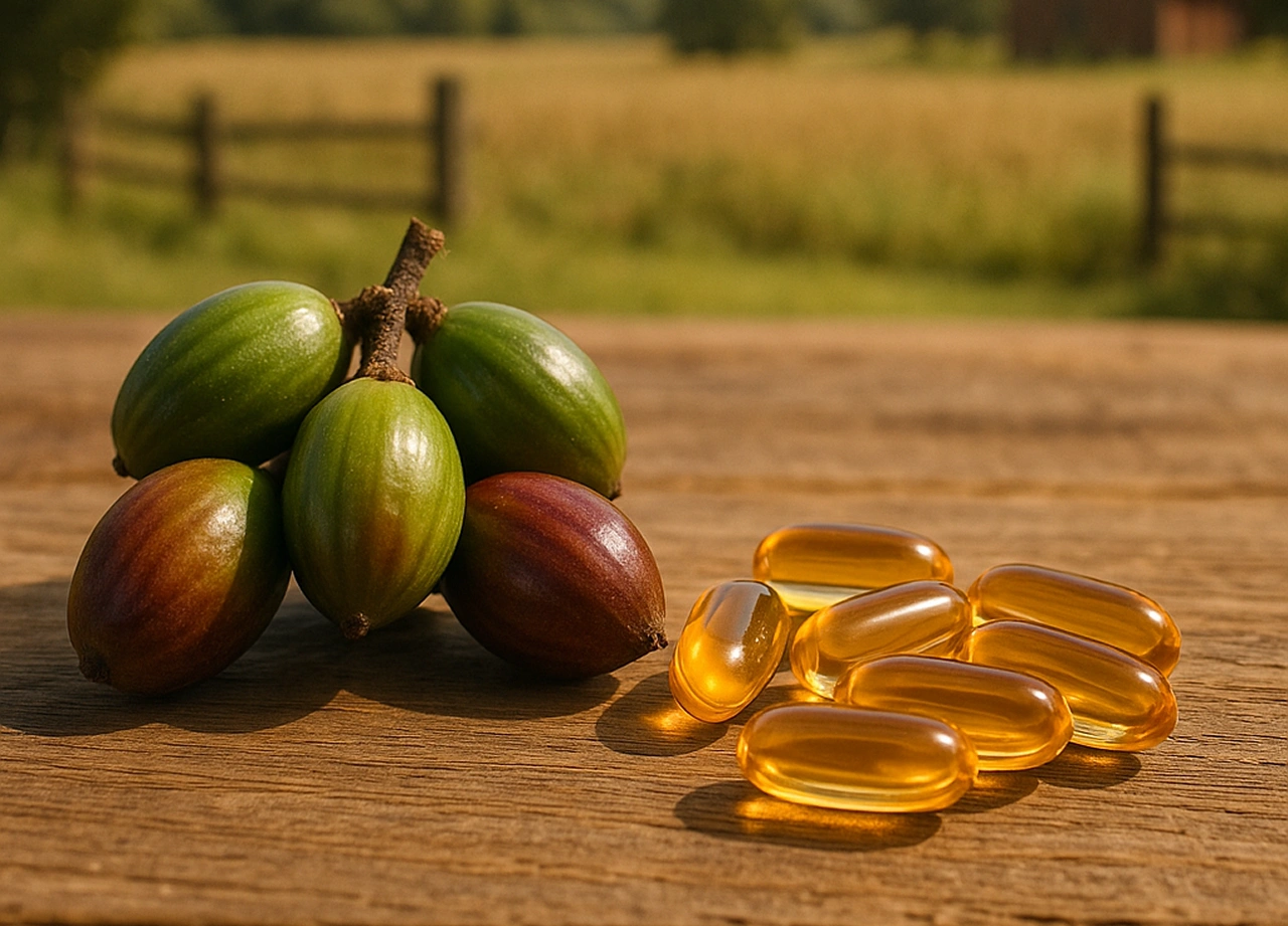 Cápsulas de saw palmetto ao lado do fruto da planta