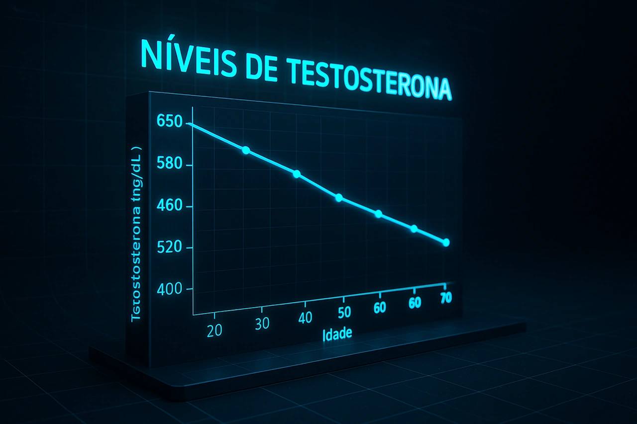Gráfico 3D futurista em azul neon mostrando a queda dos níveis de testosterona com a idade em homens, com dados reais de 650 a 350 ng/dL entre 20 e 70 anos