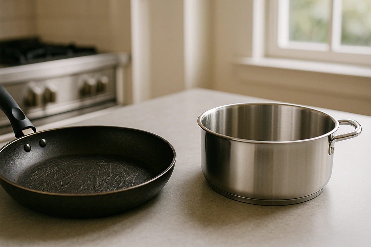 Panela antiaderente desgastada e panela de inox