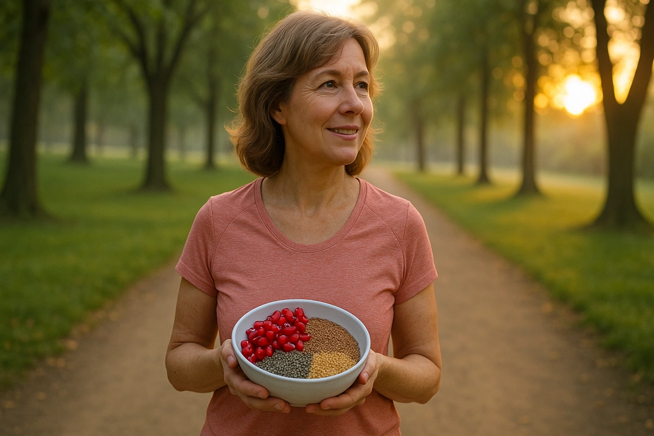 Mulher madura sorrindo em parque ao amanhecer segurando tigela com sementes naturais: romã, chia, amaranto e outras aliadas contra a sarcopenia.