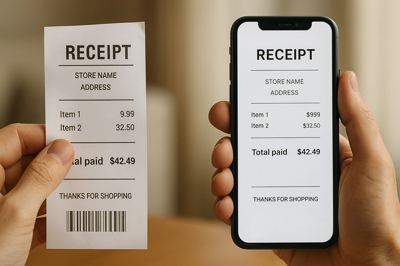 Nota fiscal em papel térmico e versão digital no celular