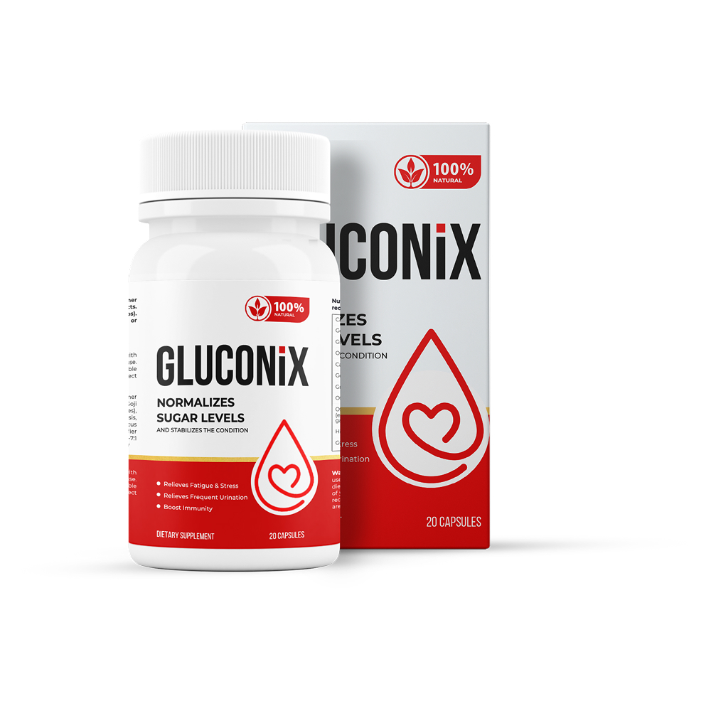 Frasco de Gluconix 20 cápsulas com embalagem ao fundo, suplemento natural para bem-estar metabólico
