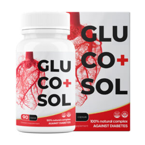 Frasco do suplemento Glucosol com 90 cápsulas, fórmula natural em destaque
