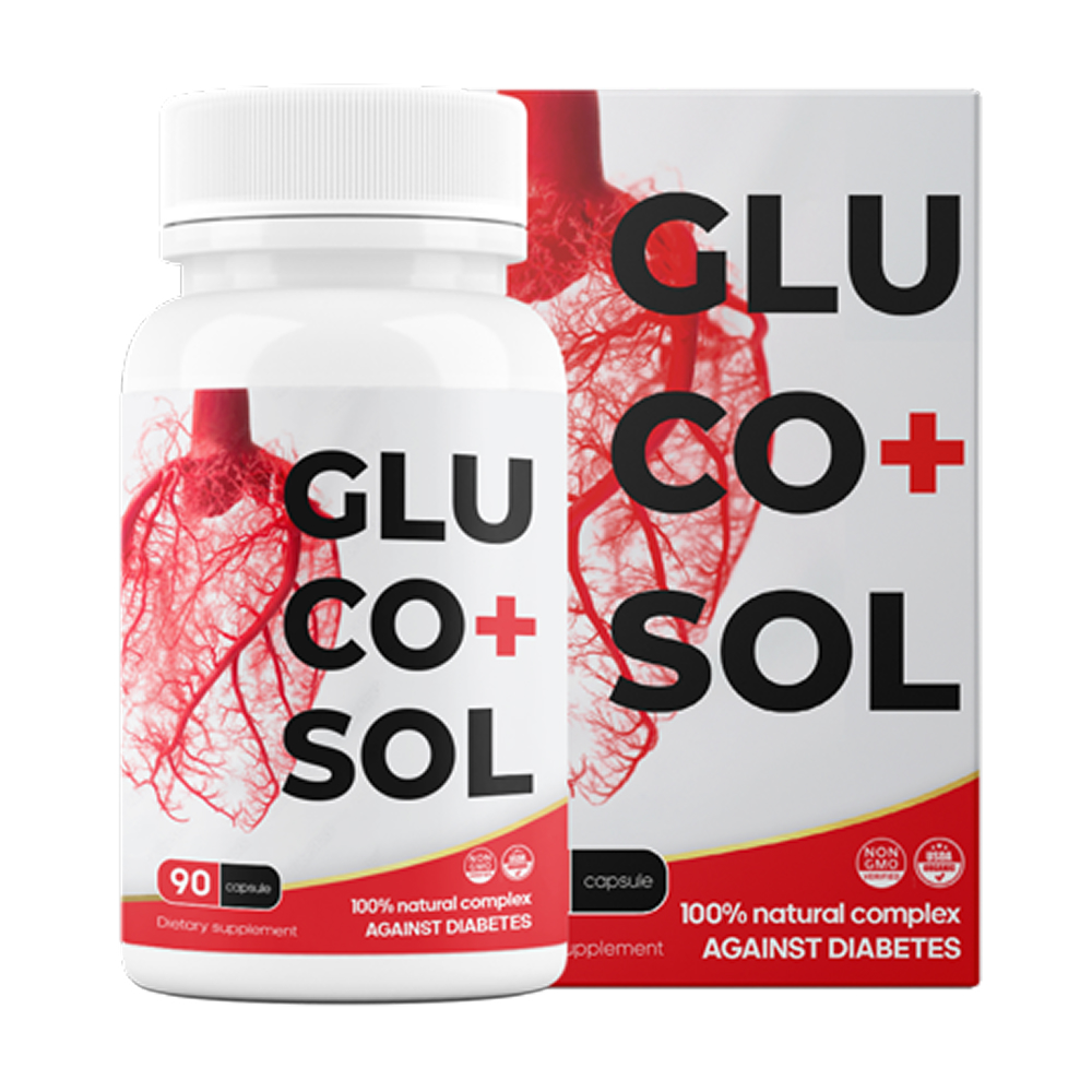 Frasco do suplemento Glucosol com 90 cápsulas, fórmula natural em destaque