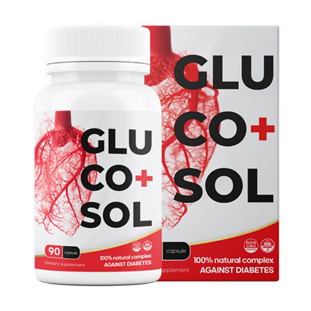 Frasco do suplemento Glucosol com 90 cápsulas, fórmula natural em destaque
