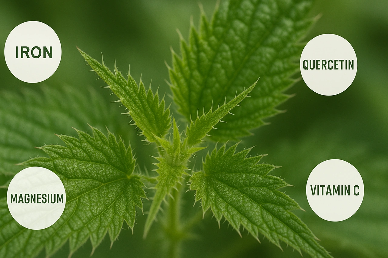 Tricomas e compostos bioativos visíveis nas folhas de Ortiga, em vista macro