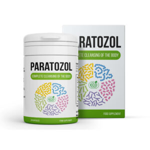 Frasco de Paratozol suplemento natural com extratos vegetais, embalagem eco friendly e rótulo verde, ideal para rotina de bem-estar diário.