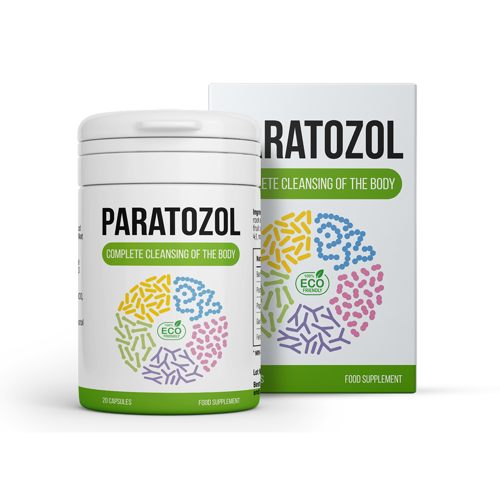 Frasco de Paratozol suplemento natural com extratos vegetais, embalagem eco friendly e rótulo verde, ideal para rotina de bem-estar diário.