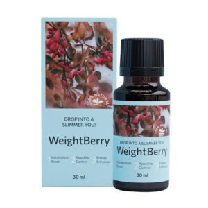 Embalagem e frasco de Weight Berry 30ml – suplemento líquido com ingredientes naturais como chá verde e café verde.