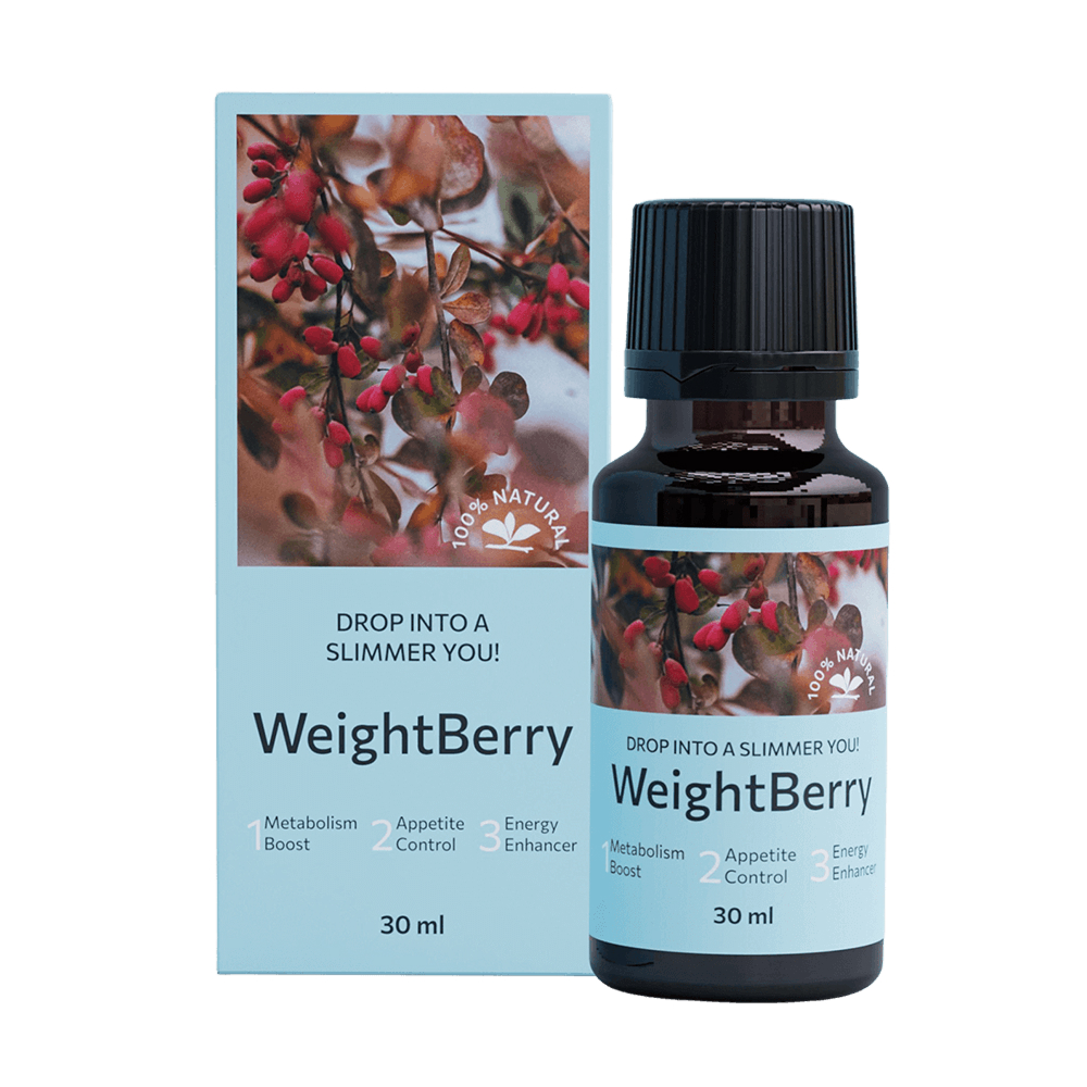 Embalagem e frasco de Weight Berry 30ml – suplemento líquido com ingredientes naturais como chá verde e café verde.