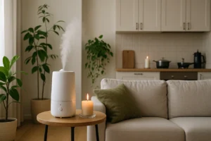 Umidificador branco liberando vapor em sala aconchegante, com vela acesa e plantas ao fundo, representando perigos invisíveis em casa.