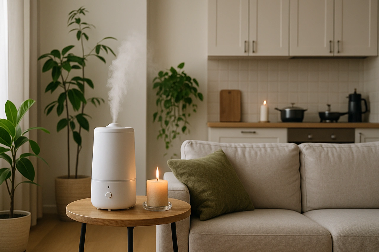 Umidificador branco liberando vapor em sala aconchegante, com vela acesa e plantas ao fundo, representando perigos invisíveis em casa.