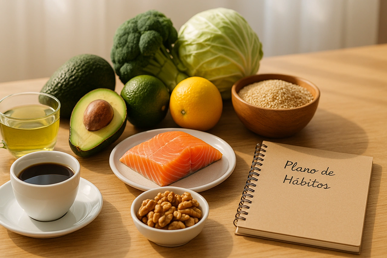 mesa com alimentos benéficos ao fígado — café coado, chá verde, abacate, cítricos, nozes, brócolis e peixe grelhado — luz natural, estilo editorial
