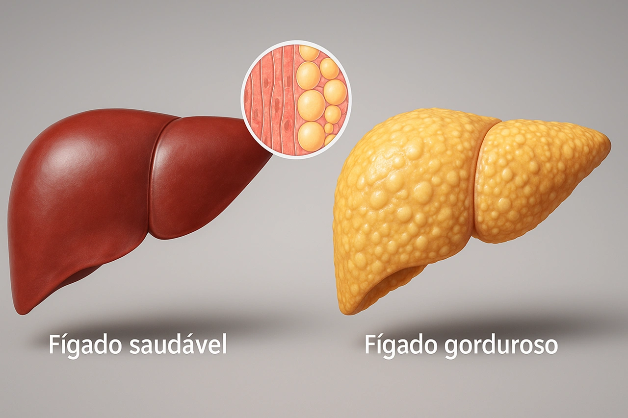Gordura no figado: comparação visual entre um fígado saudável vermelho e um fígado gorduroso amarelado com nódulos, em fundo neutro.