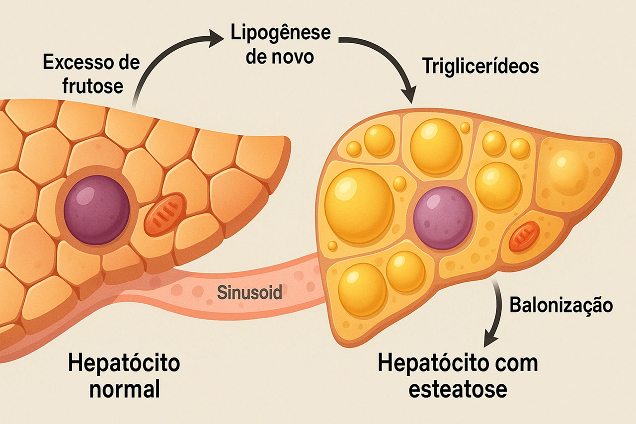Ilustração explicando o acúmulo de gordura nos hepatócitos