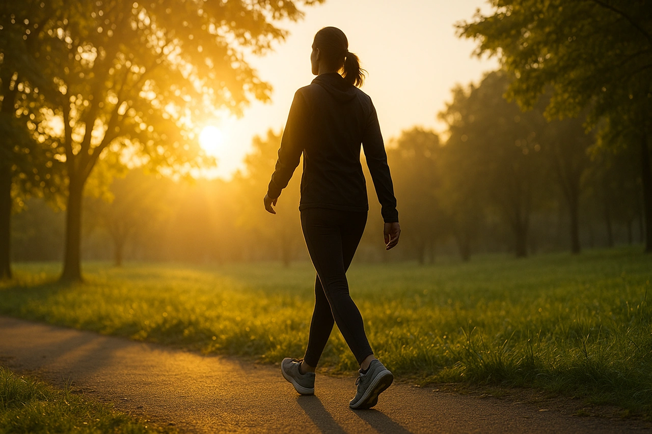 pessoa caminhando ao ar livre ao amanhecer, foco em estilo de vida ativo, sensação de leveza e saúde do fígado