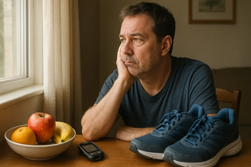 Homem pensativo de meia-idade sentado à mesa com frutas, ténis de caminhada e medidor de glicemia — representação visual ligada ao diabetes e prevenção.