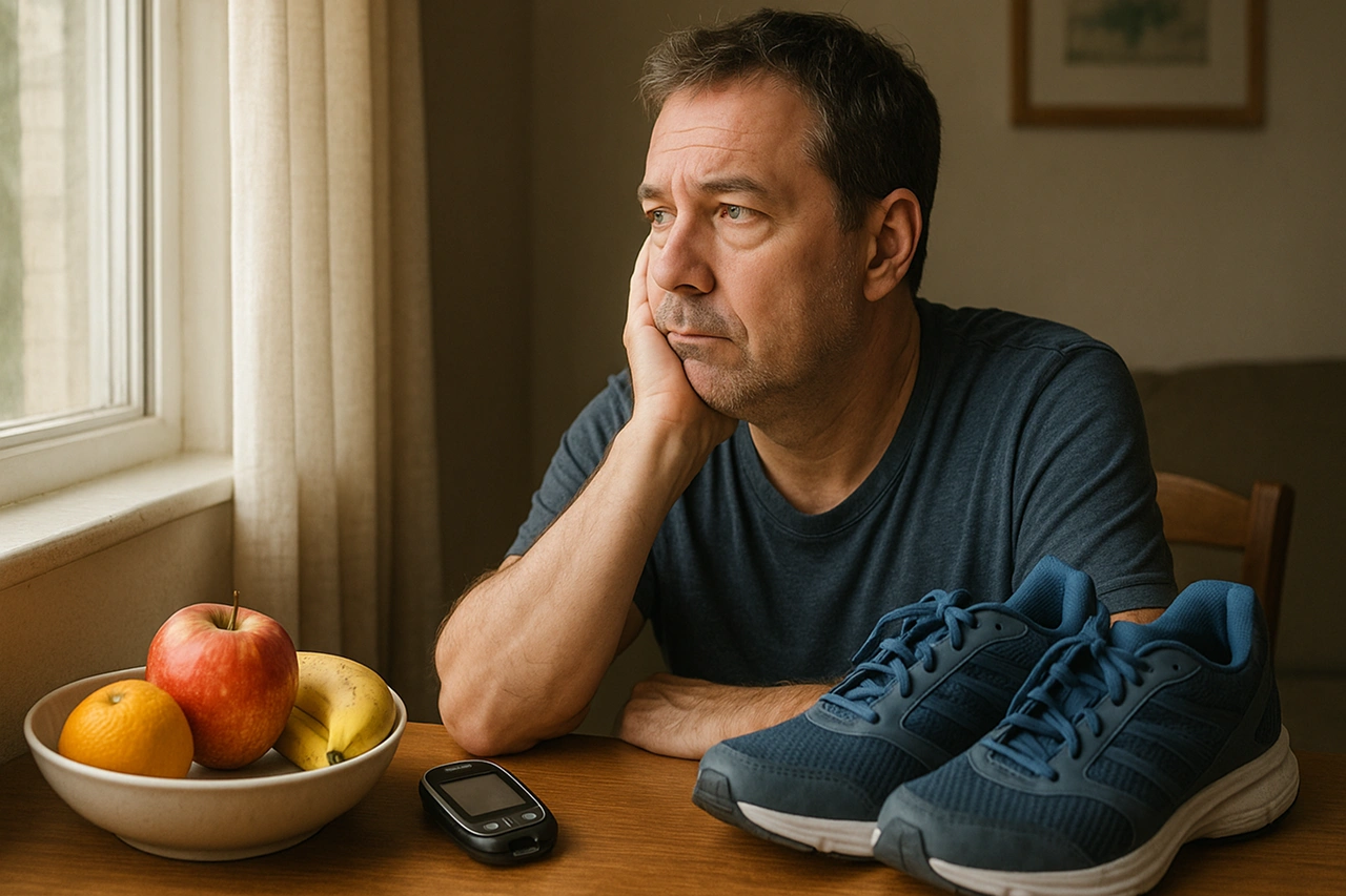 Homem pensativo de meia-idade sentado à mesa com frutas, ténis de caminhada e medidor de glicemia — representação visual ligada ao diabetes e prevenção.