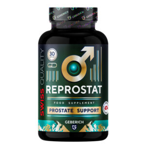Frasco do suplemento Reprostat com 30 cápsulas, fórmula natural de apoio à próstata masculina com Serenoa repens