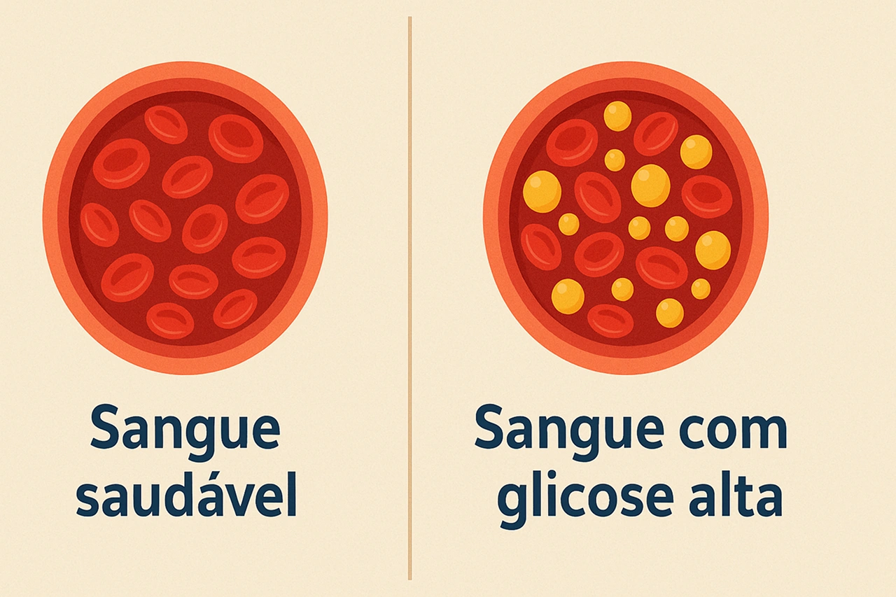 Ilustração comparando sangue saudável vs. sangue com glicose alta