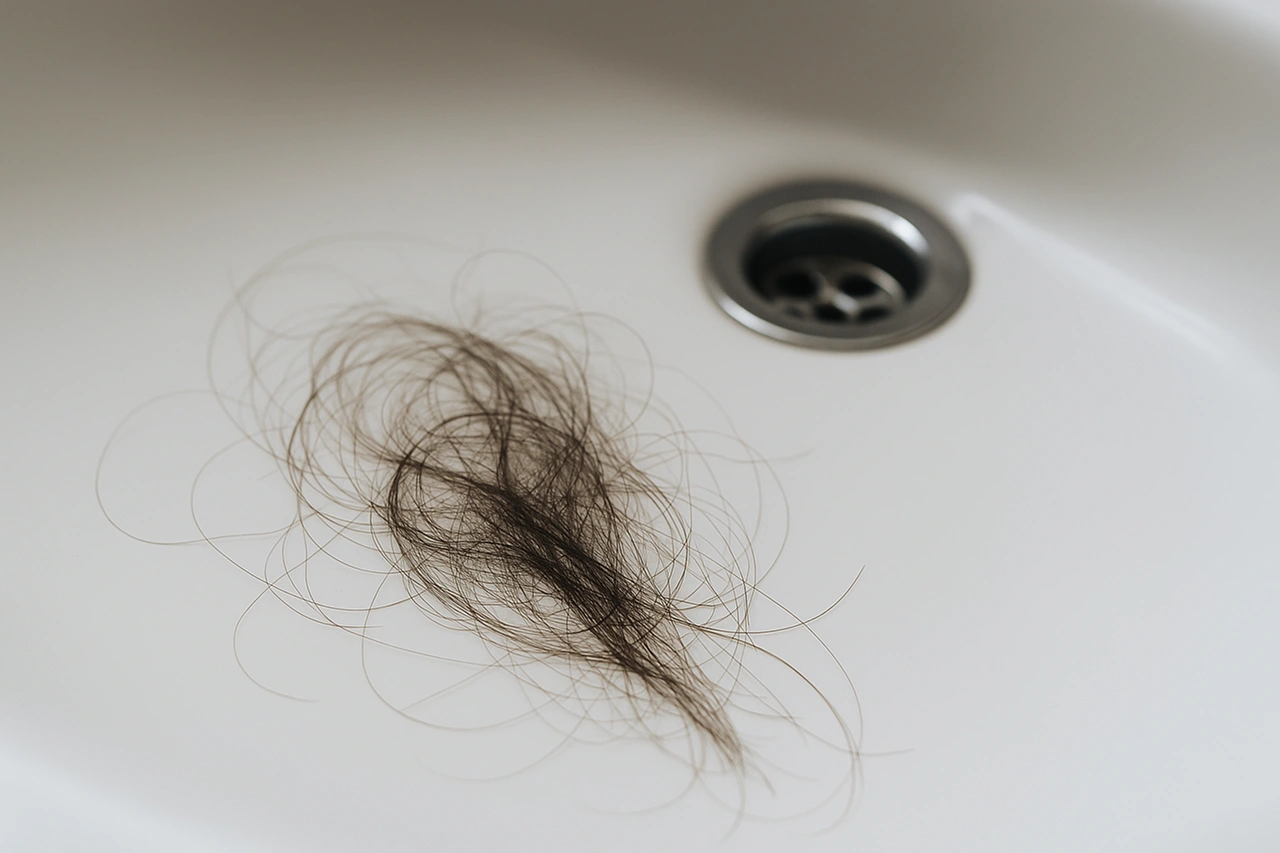 Close-up de fios de cabelo caídos sobre pia, simbolizando eflúvio
