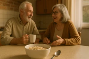 Casal português a tomar pequeno-almoço com tigela de aveia.