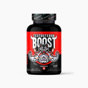 Frasco do suplemento Testosteron Boost da Geberich com 60 cápsulas, produto natural para vitalidade masculina em Portugal.