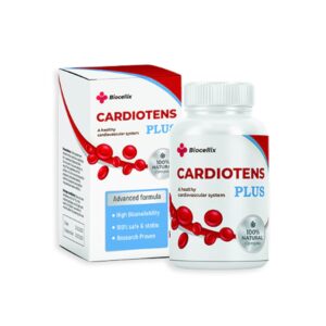 Cardiotens Plus em embalagem e frasco com cápsulas, suplemento alimentar em cápsulas