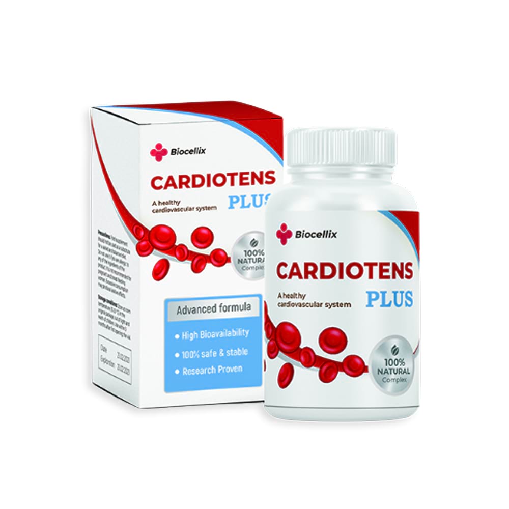 Cardiotens Plus em embalagem e frasco com cápsulas, suplemento alimentar em cápsulas