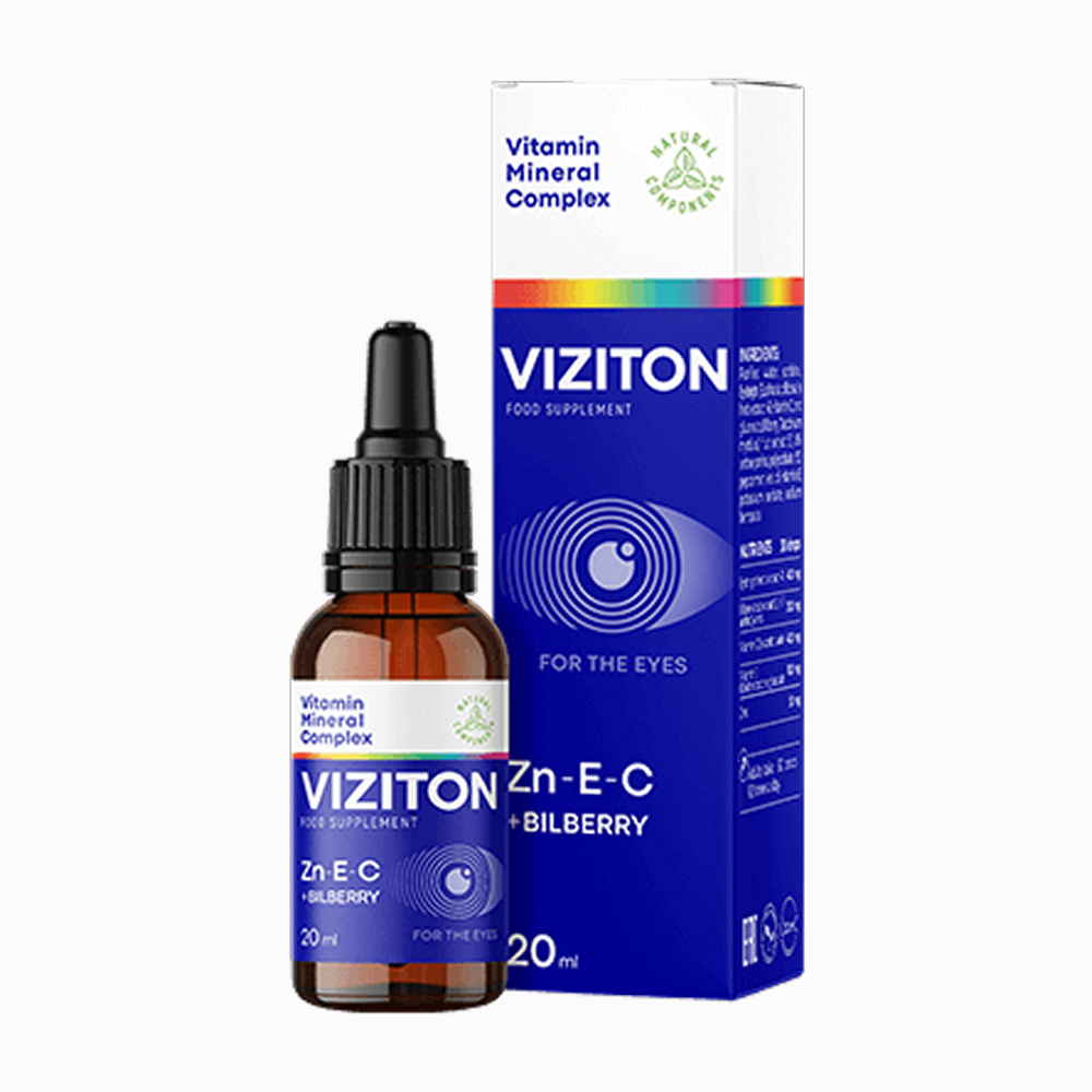 Embalagem e frasco conta-gotas do suplemento alimentar Viziton 20 ml (complexo vitamínico e mineral) – produto para os olhos.