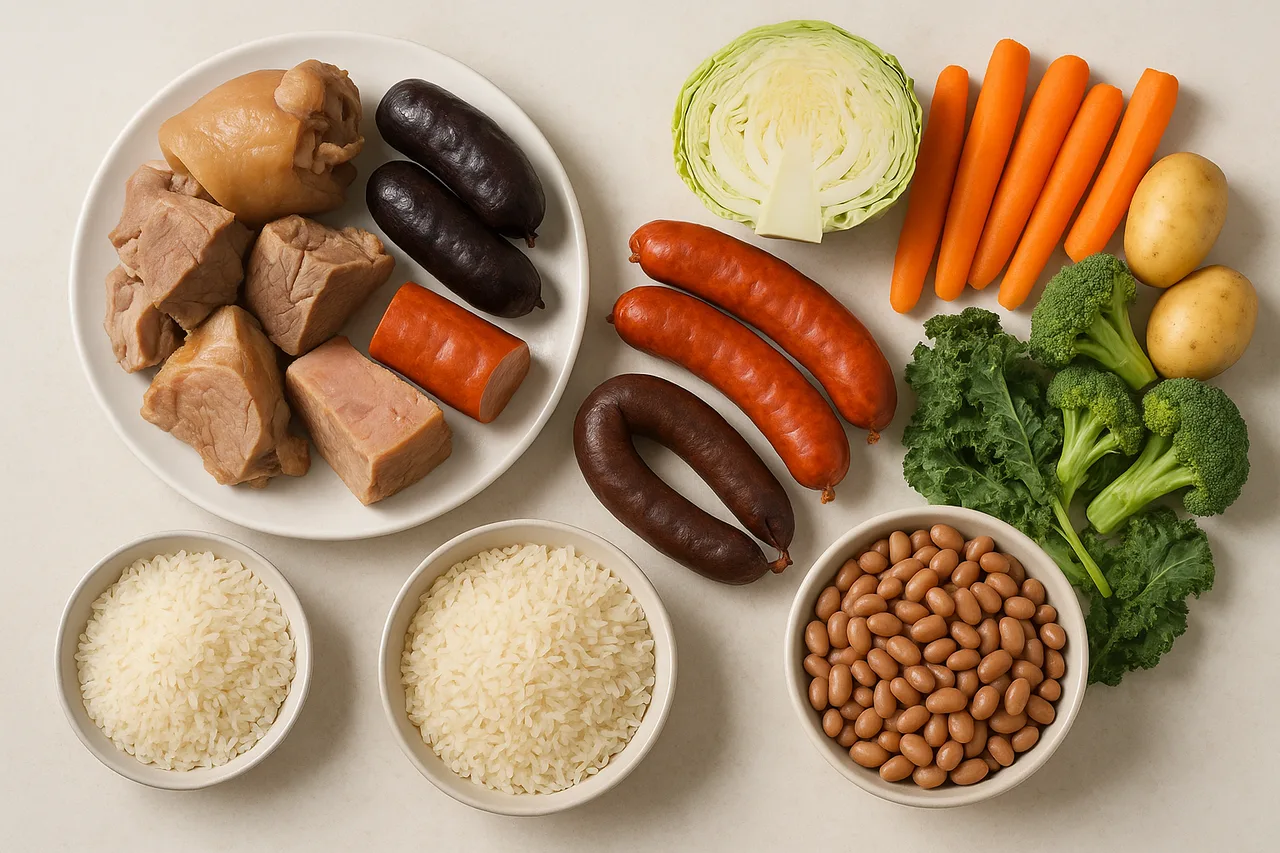 Ingredientes do Cozido à Portuguesa: carnes, enchidos, legumes, arroz e feijão, prontos para confeção