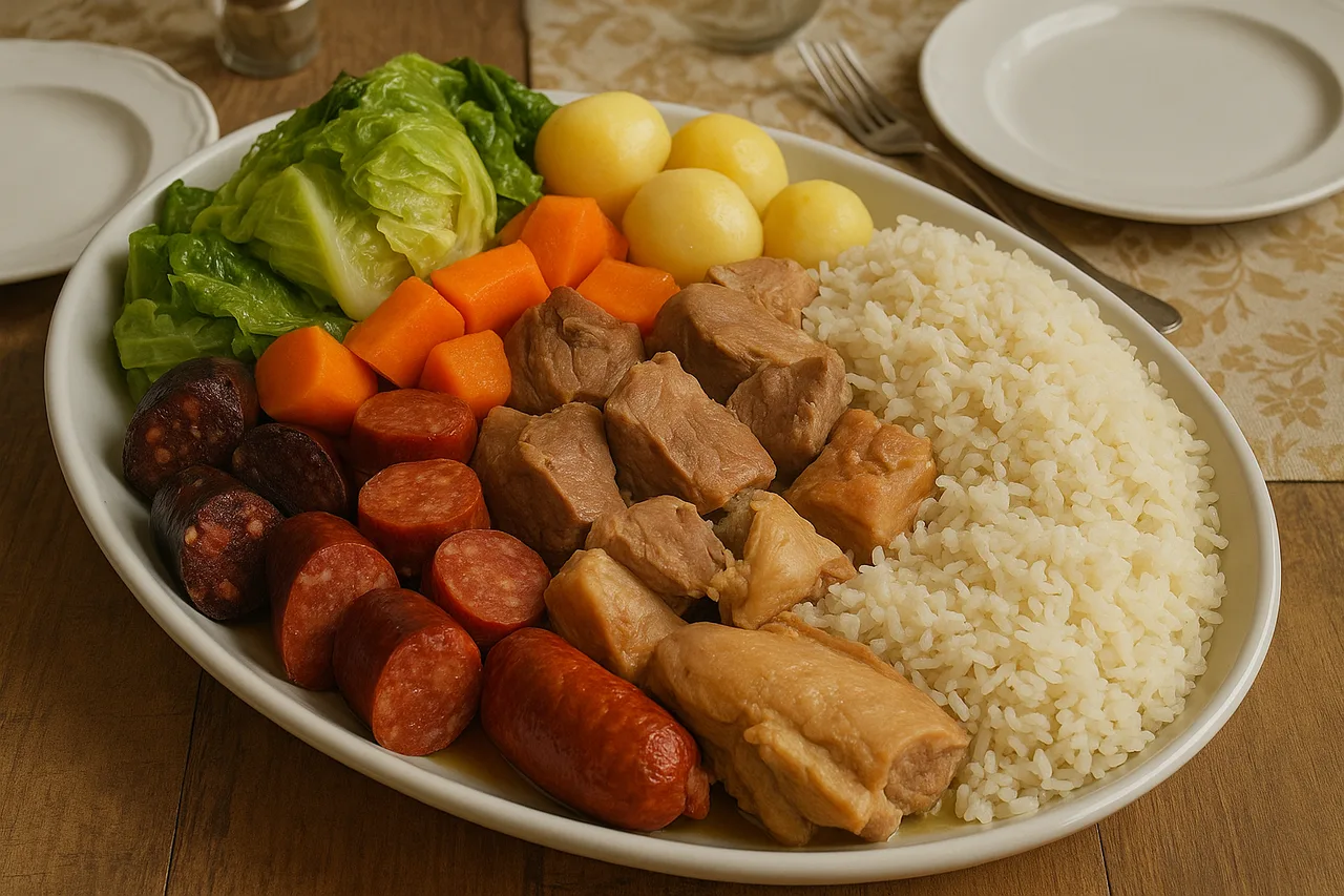 Travessa de Cozido à Portuguesa tradicional, com carnes, enchidos, legumes e arroz, apresentada numa mesa familiar