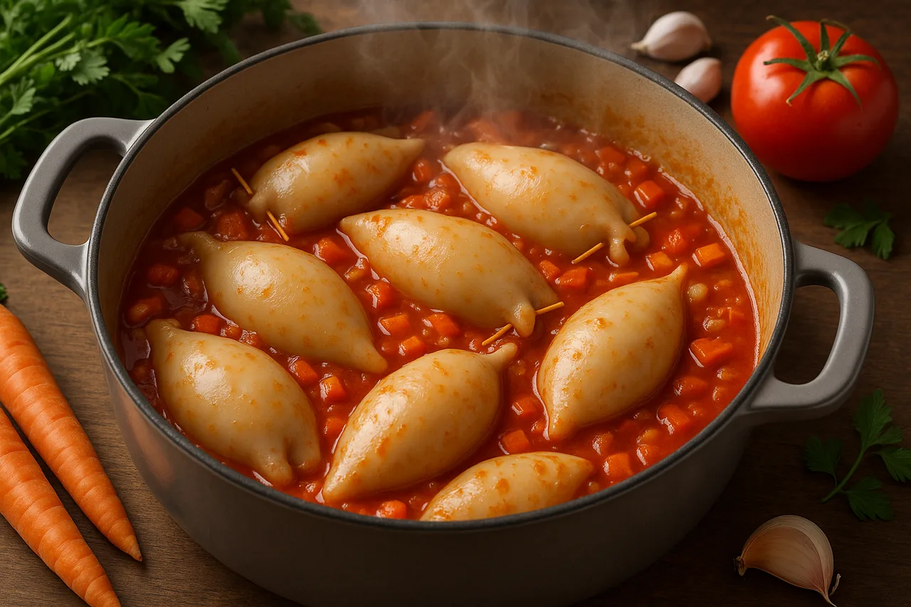 Tacho com lulas recheadas a estufar em molho de tomate e ervas, típico da cozinha portuguesa