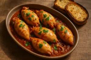 Prato de lulas recheadas à portuguesa com molho tradicional, salsa e pão torrado