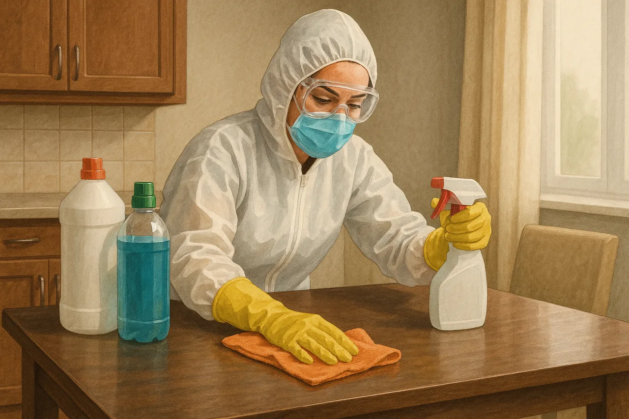 Pessoa a limpar em casa com luvas e proteção, utilizando produtos de limpeza de forma segura, em ambiente doméstico