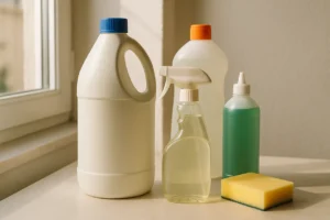Produtos de limpeza doméstica, incluindo uma garrafa de lixívia, sobre uma superfície neutra, representando segurança na utilização de lixívia em casa
