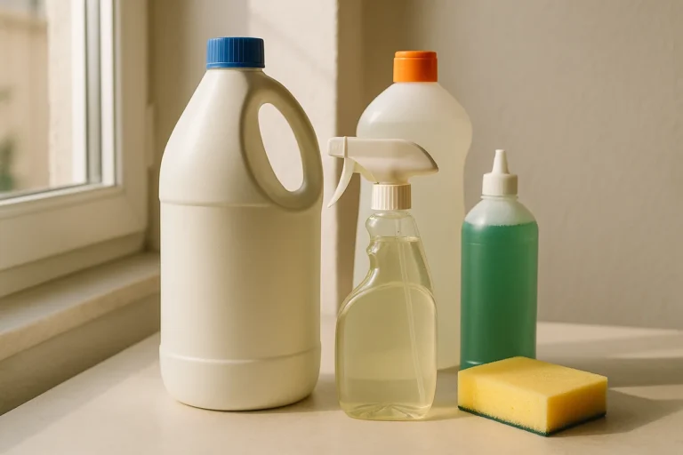 Produtos de limpeza doméstica, incluindo uma garrafa de lixívia, sobre uma superfície neutra, representando segurança na utilização de lixívia em casa