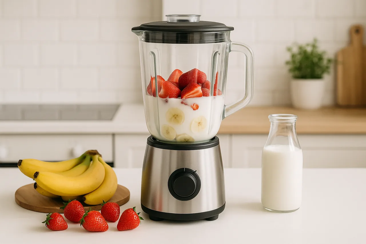 Passo a passo da preparação de sobremesa saudável com frutas frescas e leite, ideal para um lanche nutritivo